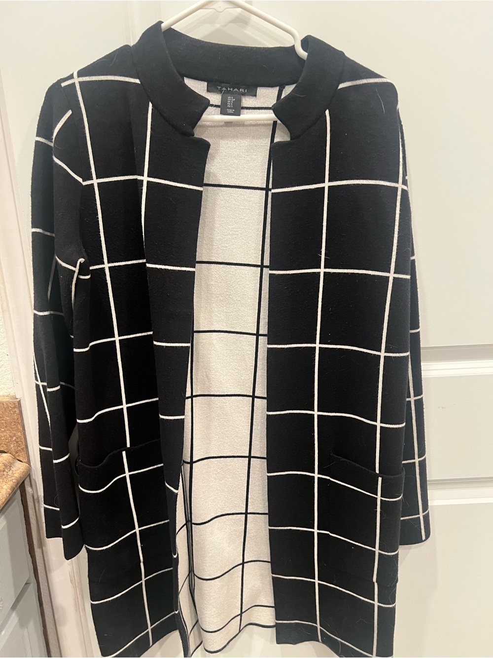 Tahari Black and White Windowpane Open Cardigan